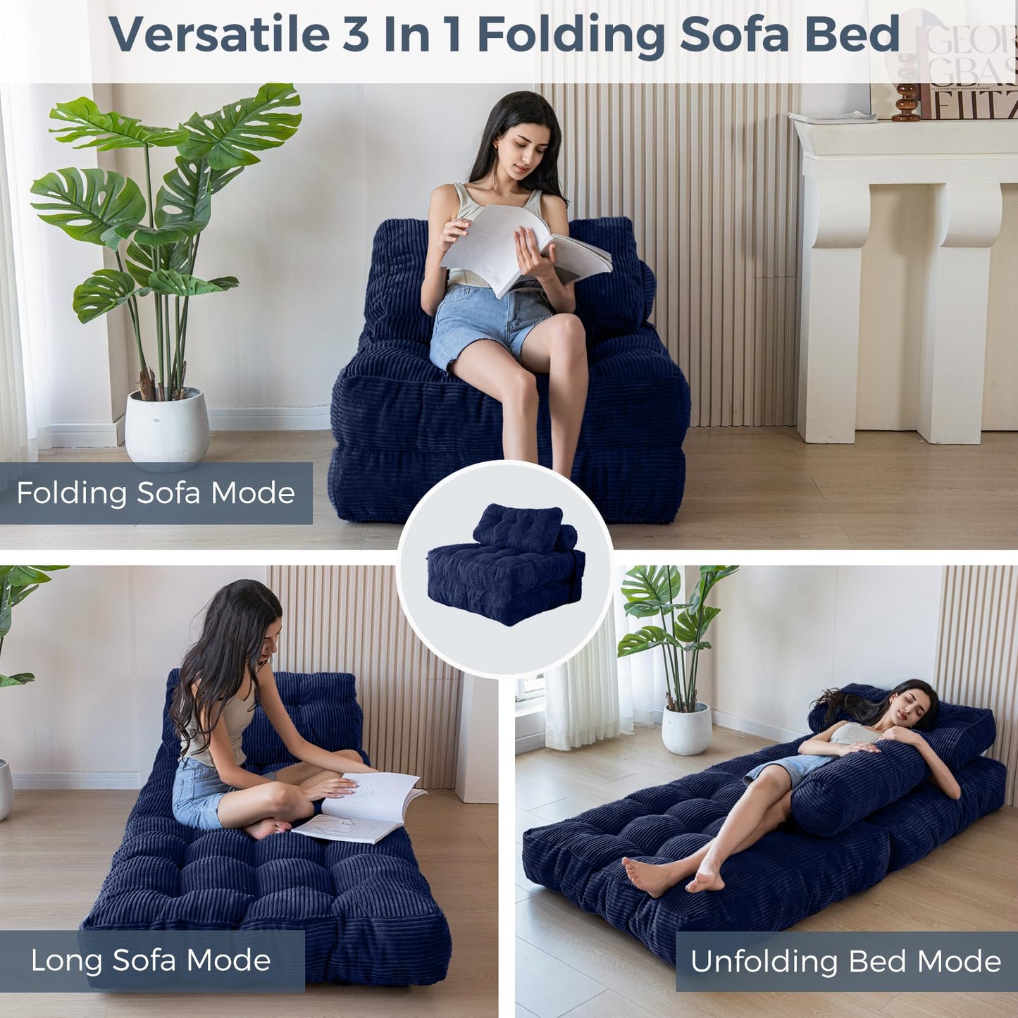 MAXYOYO Folding Sofa Bed, Convertible Chair with Pillow Foldable with Back Support, Portable Fold Out Chair Bed Comfy Floor Sofa Lounge for Living Room Bedroom, Navy, Single