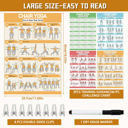 Chair Yoga Poster Set for Seniors & Beginners-3 Illustrated Guides,1 28-Day Challenges, 8 Double-Sided Clips &1 Dry-Erase Marker, 36 Poses Wall Chart Includes Postures, Instructions & Breathing Tips