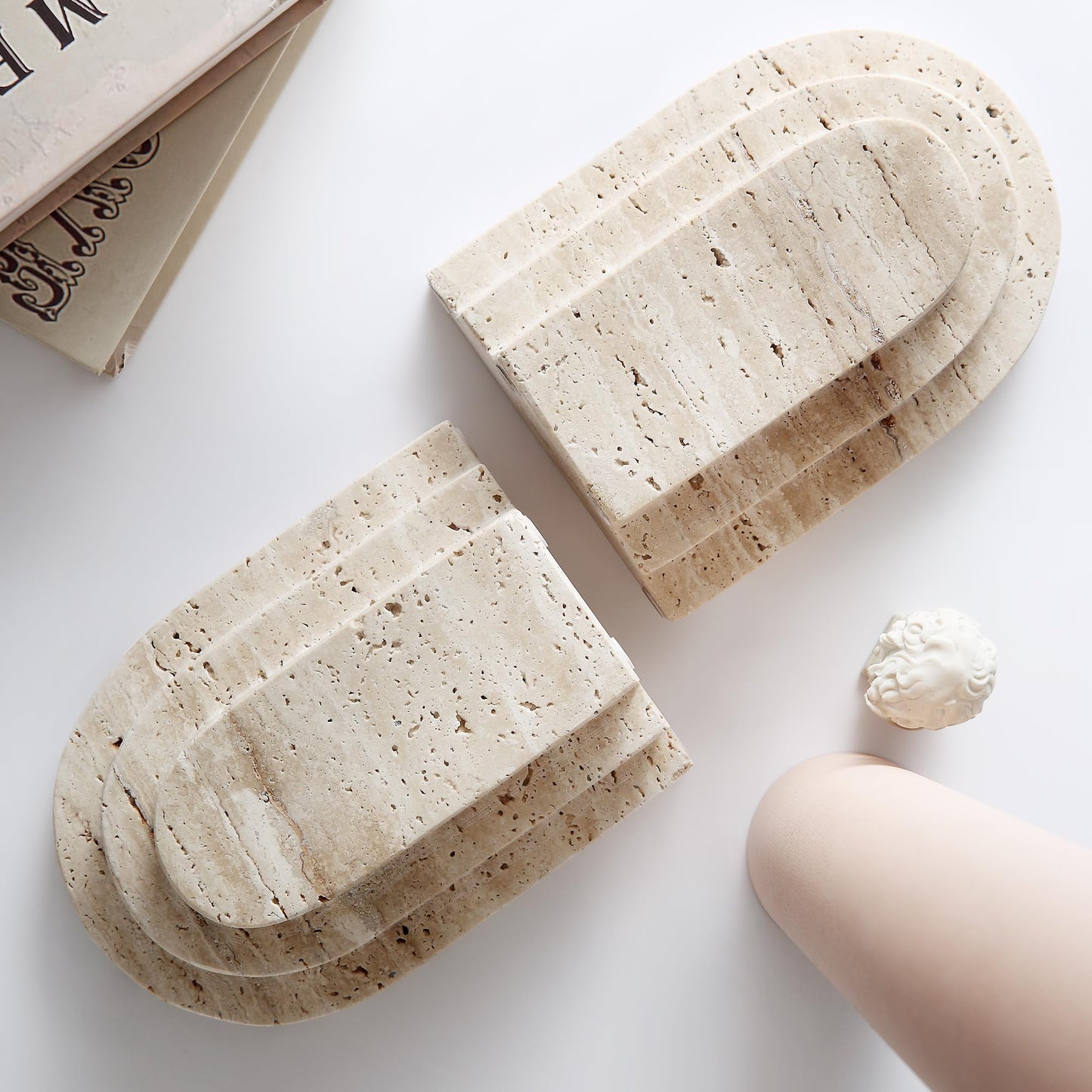 Natural Travertine Book Ends for Shelves Heavy 7.4 Lbs Non Slip Base