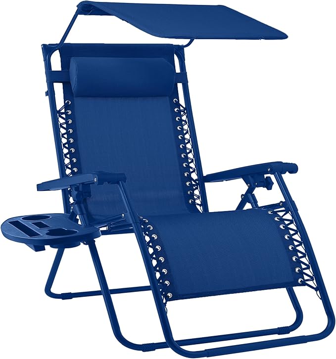 Best Choice Products Folding Zero Gravity Outdoor Recliner Patio Lounge Chair w/Adjustable Canopy Shade, Headrest, Side Accessory Tray, Textilene Mesh - Marine