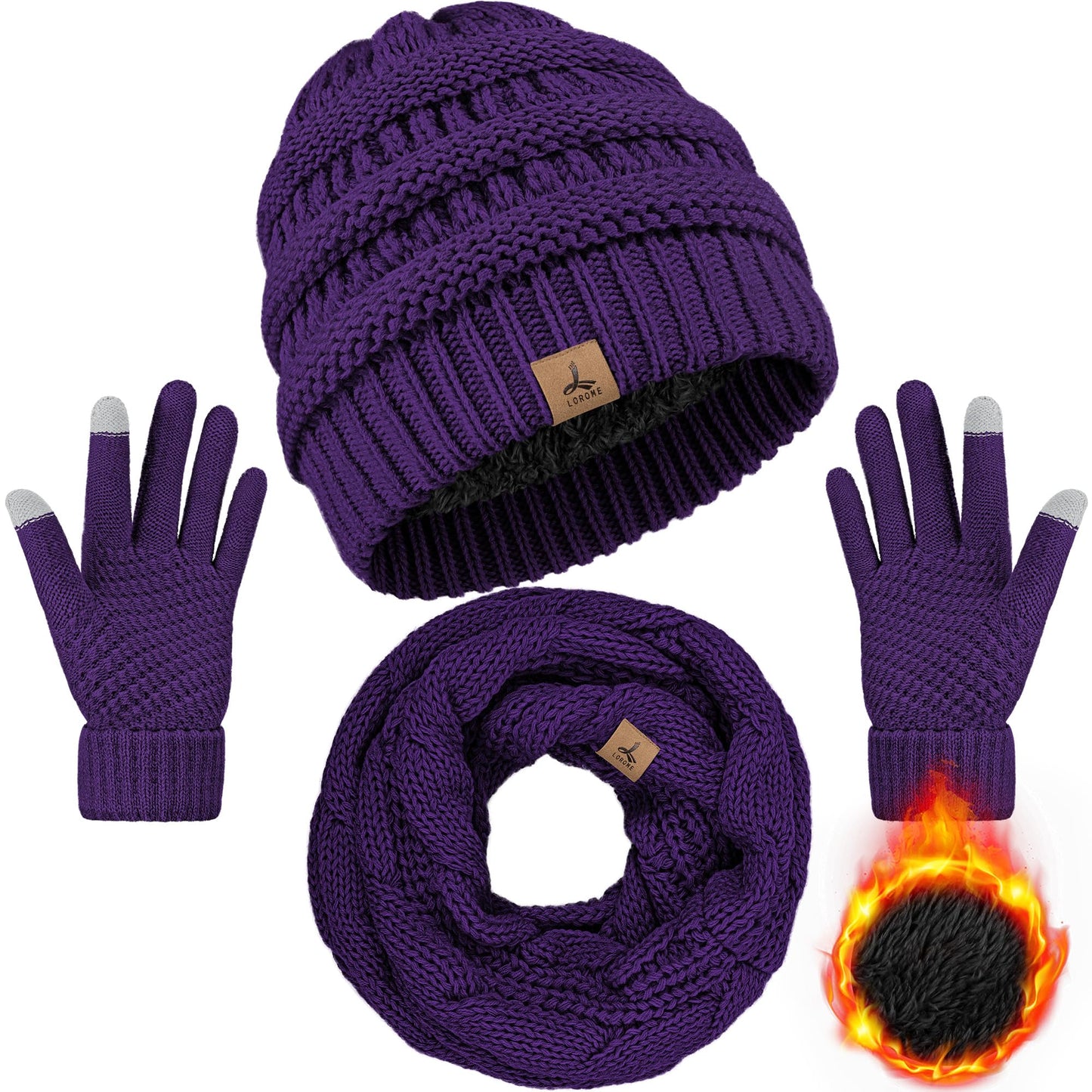 LOROME Winter Beanie Hat Scarf Gloves, Warm Fleece Knit Winter Hats Touch Screen Gloves Neck Scarf Set Winter Gifts for Women Men