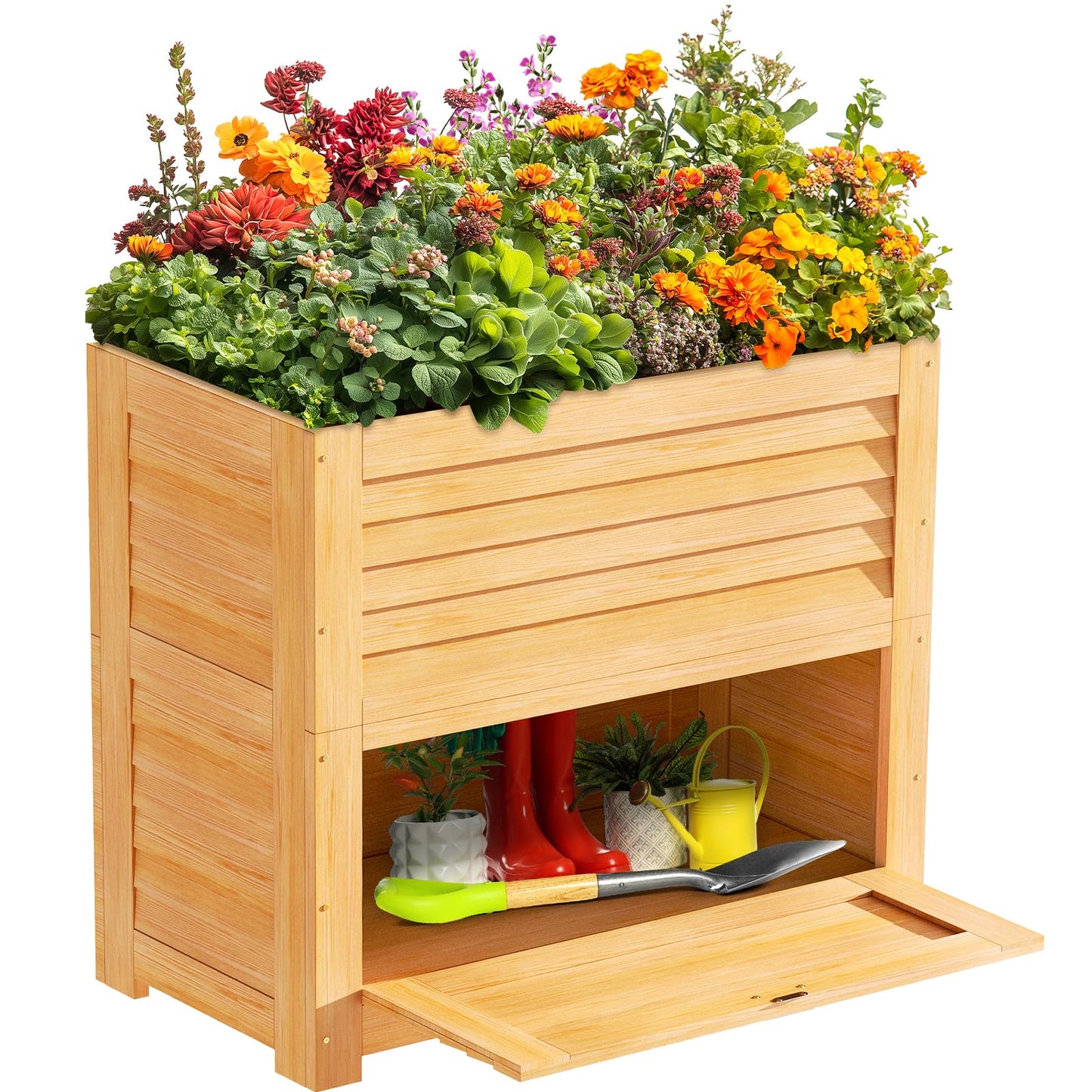 SUNYRISY Wooden Raised Garden Bed with Storage Box, 34" L x 18" W x 30" H Elevated Large Planter Box for Planting Herb Vegetable Flower Outdoor Indoor, Wood