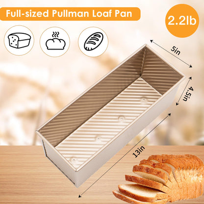 Spmarkt Bread Pan, 13 * 5inch Non-Stick Rectangle Pullman Loaf Pan with Lid, Long Sourdough Bread Loaf Pan for Homemade, Deep Bread Tin with Dough Scraper Cutter