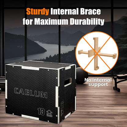 CAELUM 3-in-1 Wooden Plyo Box – Non-Slip Jump Box for Home & Gym, Heavy-Duty 400lbs Plyometric Box for Step-Ups, Squats, Strength & Agility Training 16" x 13" x 12"