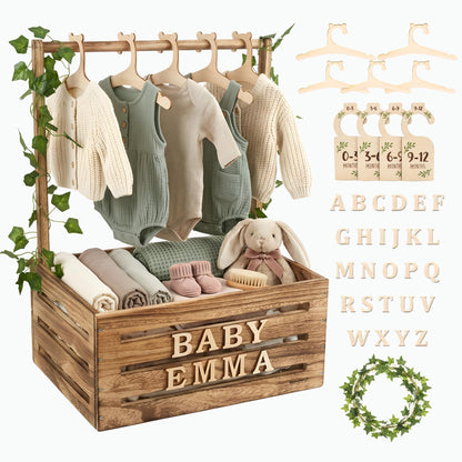 Lifemories Wooden Baby Shower Crate Closet & Basket with Hanger Rack - Customizable Gift Basket with 2x Alphabet Letter Sets, Hangers, Dividers, Ivy Garland,Nursery Decor Girls Boys(Rustic Burnt Wood)