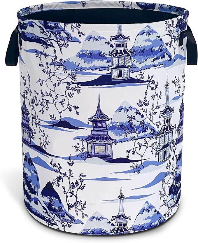 Blue White Porcelain Chinoiserie Laundry Basket Oxford Cloth Laundry Hamper