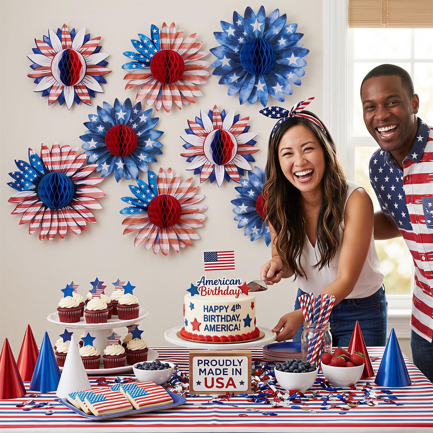 Paper Jazz 4th of July Decorations Paper Flower American Flag Red White and Blue Decor for Presidents Day,Patriotic Decoration Haning Paper Honeycomb for Veterans Day, Independence Day Birthday Party