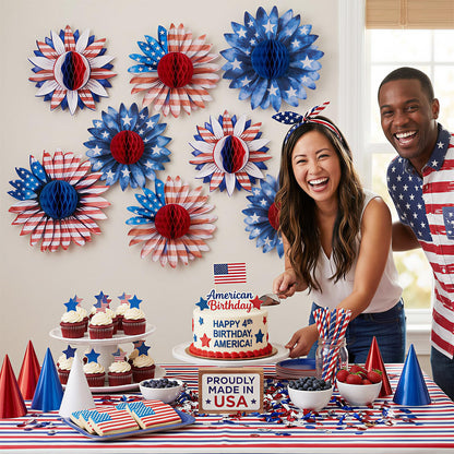 Paper Jazz 4th of July Decorations Paper Flower American Flag Red White and Blue Decor for Presidents Day,Patriotic Decoration Haning Paper Honeycomb for Veterans Day, Independence Day Birthday Party