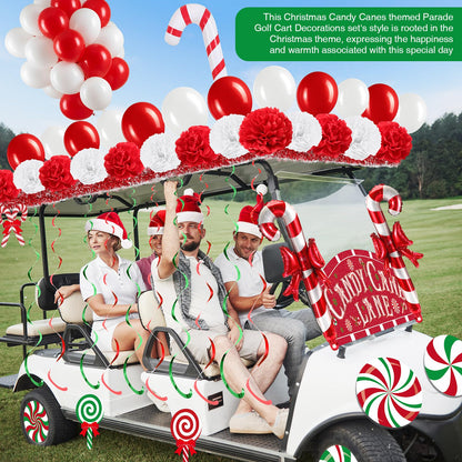 Soulchen 100 Pcs Christmas Golf Cart Decorations Xmas Candy Canes Lollipop PVC Decor Inflatable Red Tinsel Garlands Banner Red Hanging Swirls Tissue Paper Pompoms for Golf Cart Party Supplies Decor