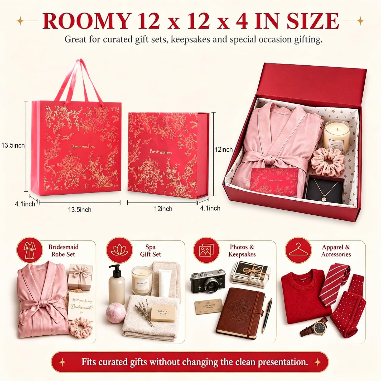 Amalee Luxury Gift Box, Large Deep Red 12”x12”x4” with Strong Magnetic Lid, Elegant Glue-Free Assembly, Includes Ribbon & Card for Wedding, Birthday, Christmas Gift Packaging