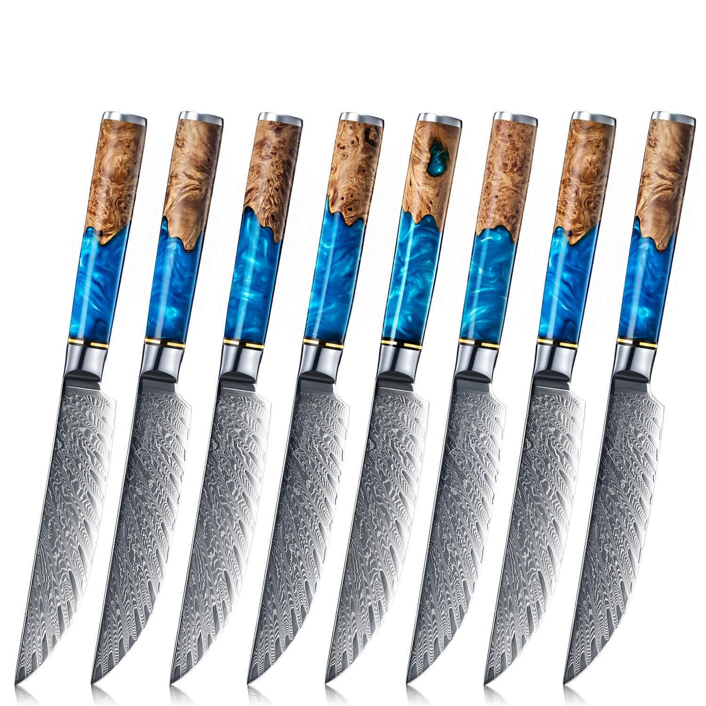 SENKEN Damascus Steak Knife Set - Tsunami Collection - 67-Layer Japanese VG10 Steel - Razor Sharp Non-Serrated Blades, Blue Resin & Natural Wood Pattern Handles, Luxury Gift Box (8 Steak Knife Set)