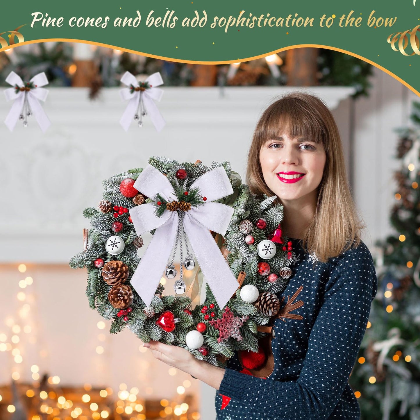Yinkin Christmas Tree Wreath Bow Christmas Ribbon Bows with Bells 11 x 7.8 in Velvet Pine Cone Bowknot Xmas Tree Hanging Ornaments Decor for Home Xmas Party Outdoor Indoor(White,4 Pcs)