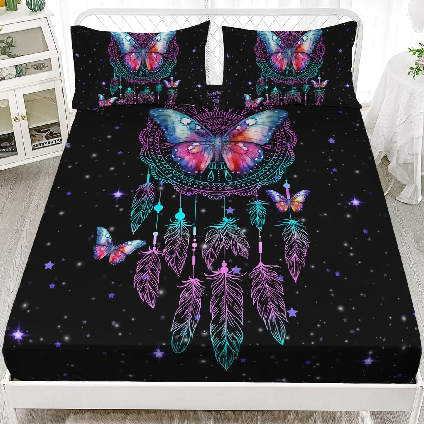 HOSIMA Dream Catcher Fitted Sheets Full Size Bed,Butterfly Feather Dream Stories Bedding Set Kidcore Room Decor Aesthetic Black Galaxy Starry Boho Bedding Set with 2 Pillowcases.