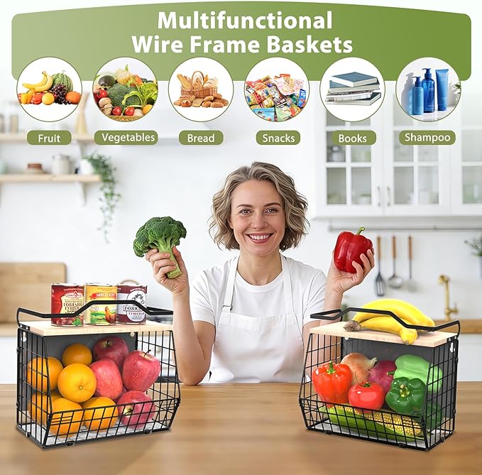 Magnetic Shelf for Fridge with Wood Lid, 2 Tier Fruit Baskets Wall Mounted