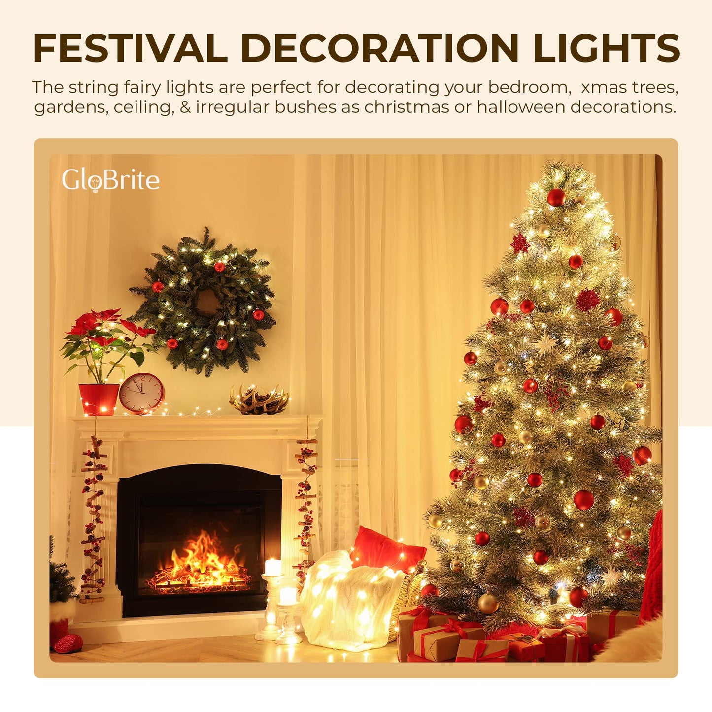 GloBrite Fairy Lights 1000 LED - Christmas Lights with 8 Modes Function for Christmas Tree Outdoor Lights Christmas Lights Garden Lights Christmas Tree Decorations - White