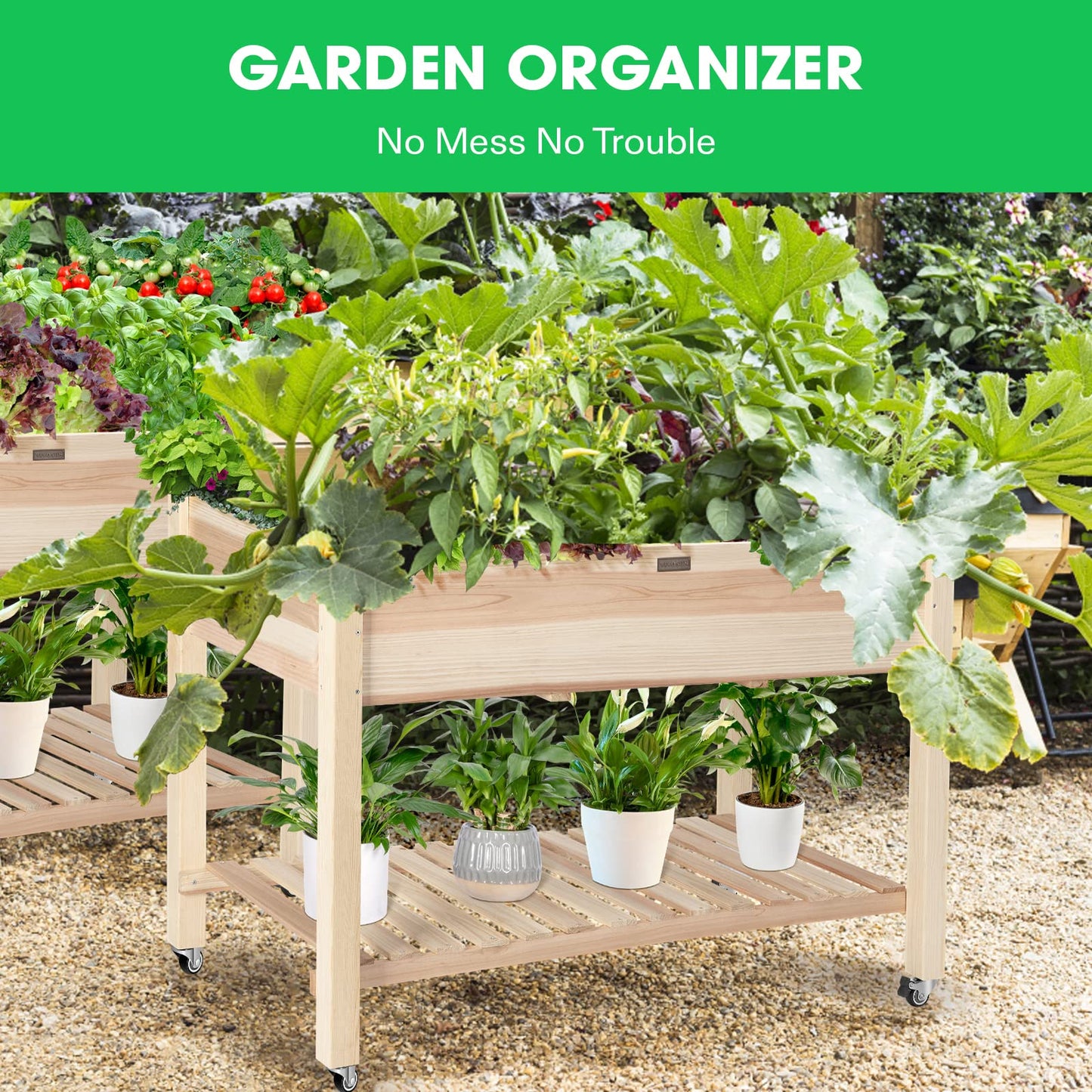 VIVOSUN Elevated Wooden Raised Garden Bed, 46 x 24 x 32 Inches, Mobile Outdoor Planter Box with Storage Shelf and Protective Liner for Outdoor Use, with Lockable Wheels