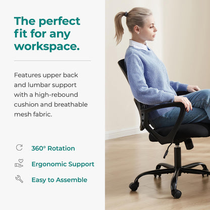 SMUG Home Office Computer Desk Chair, Ergonomic Mid-Back Mesh Rolling Work Swivel Task Chairs with Wheels, Comfortable Lumbar Support, Comfy Arms for Bedroom, Study, Dorm, Student
