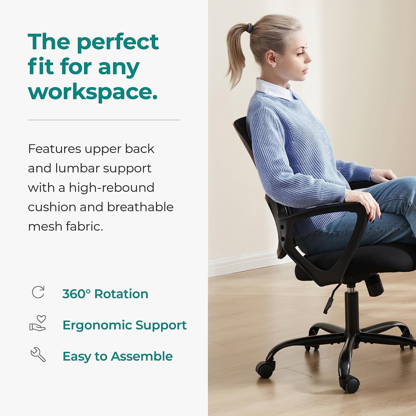 SMUG Home Office Computer Desk Chair, Ergonomic Mid-Back Mesh Rolling Work Swivel Task Chairs with Wheels, Comfortable Lumbar Support, Comfy Arms for Bedroom, Study, Dorm, Student
