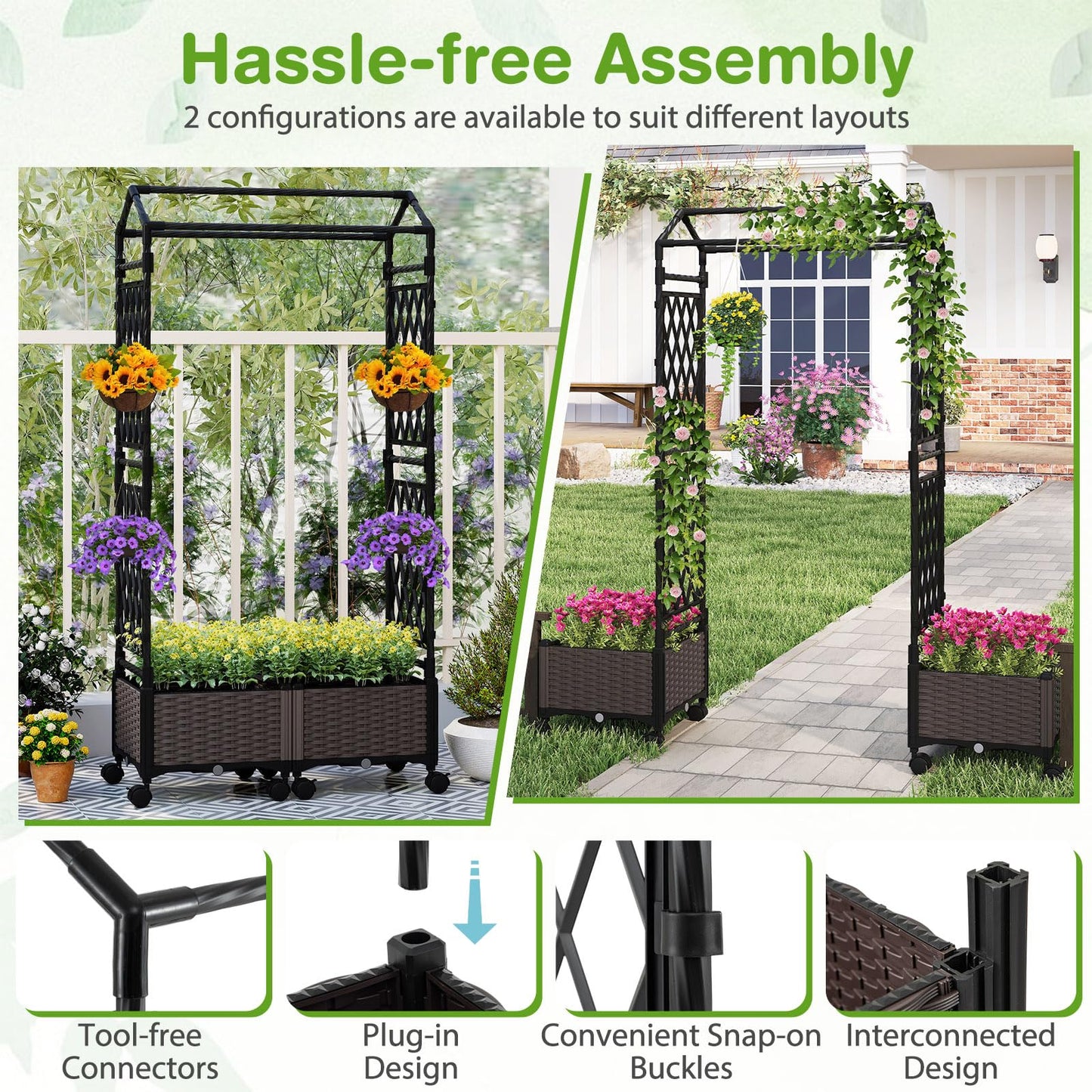 Byroce Self-Watering Tomato Planter Box with Trellis, 64” Tall Raised Garden Bed with Lockable Wheels, Arch Roof & Drainage Holes, Vertical Garden for Patio Balcony Outdoor Vegetables (Roof Type A)