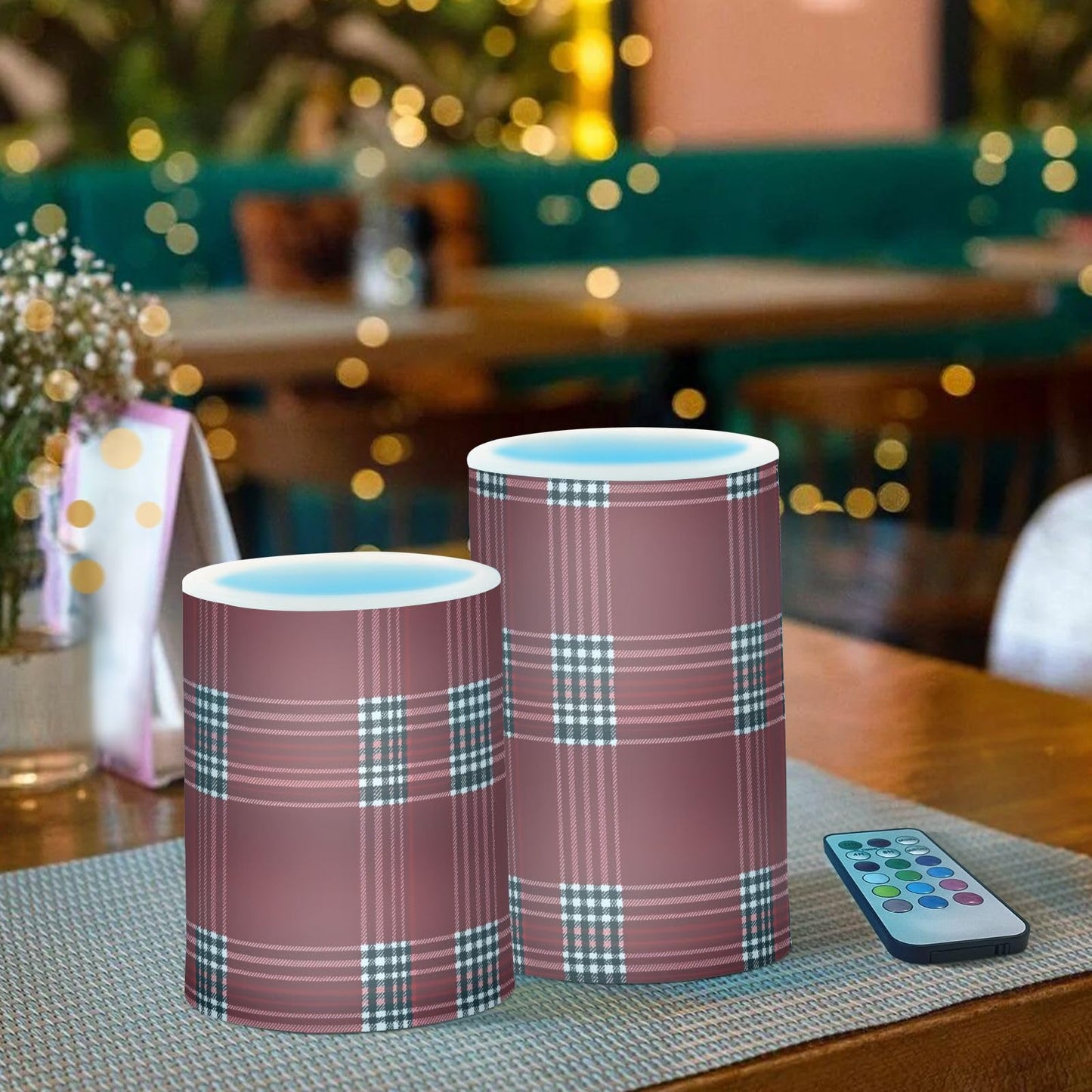 ALAZA Flickering Flameless Candles Red Tartan Buffalo Plaid Checkered Battery Operated Candles with Remote Timer LED Pillar Votive Candles Set of 2 for Holiday Decor
