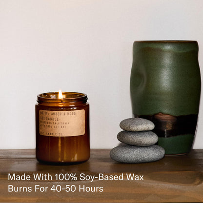 P.F. Candle Co. Amber & Moss Classic Standard Scented Soy Wax Candle (7.2 oz) 40-50 Hour Burn Time, Amber Glass Jar, Made in The U.S.A.