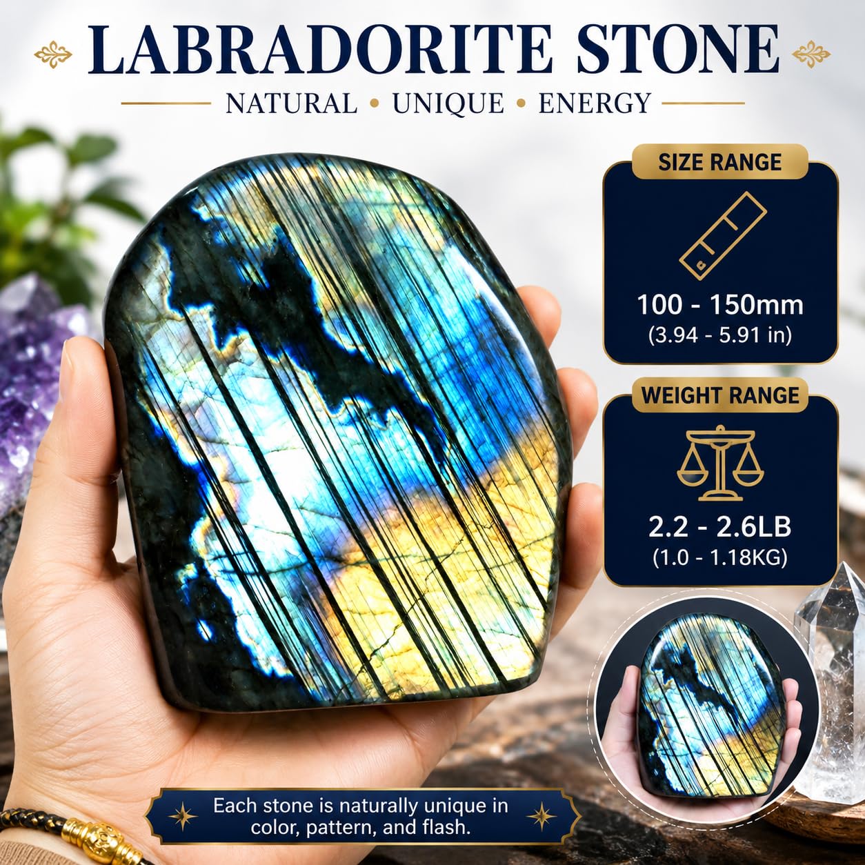 WHAL&YUNE 2.2-2.6lb Natural Labradorite Polished Stone, Gemstones Large Size Labradorite Stone Collectible Figurines with Vibrant Blue Flash for Healing, Meditation, Home Decor 1PC