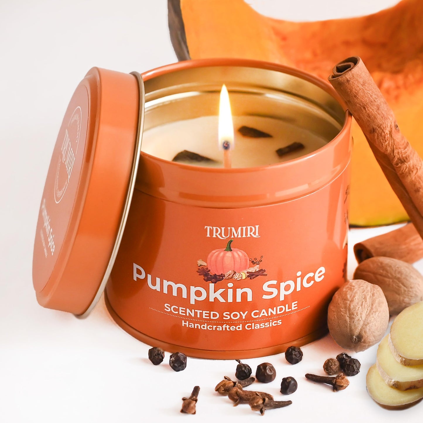 Pumpkin Spice - Cinnamon Soy Candles for Home Scented - for Fall Halloween Thanksgiving Holidays - 5oz Natural Clean Non Toxic Long Lasting Highly Scented Pet Safe Luxury Tin with Essential Oils