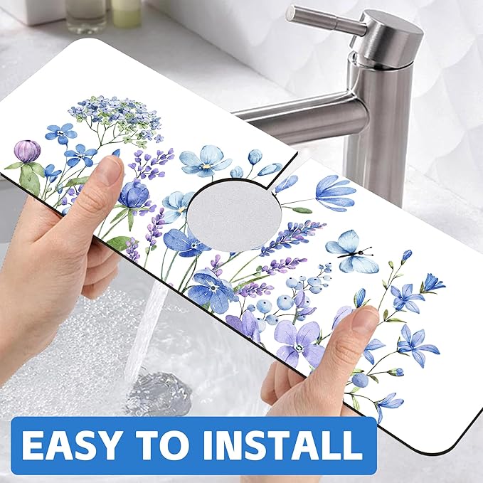 Watercolor Floral Butterfly Sink Faucet Absorbing Mat Sink Splash Guard Faucet