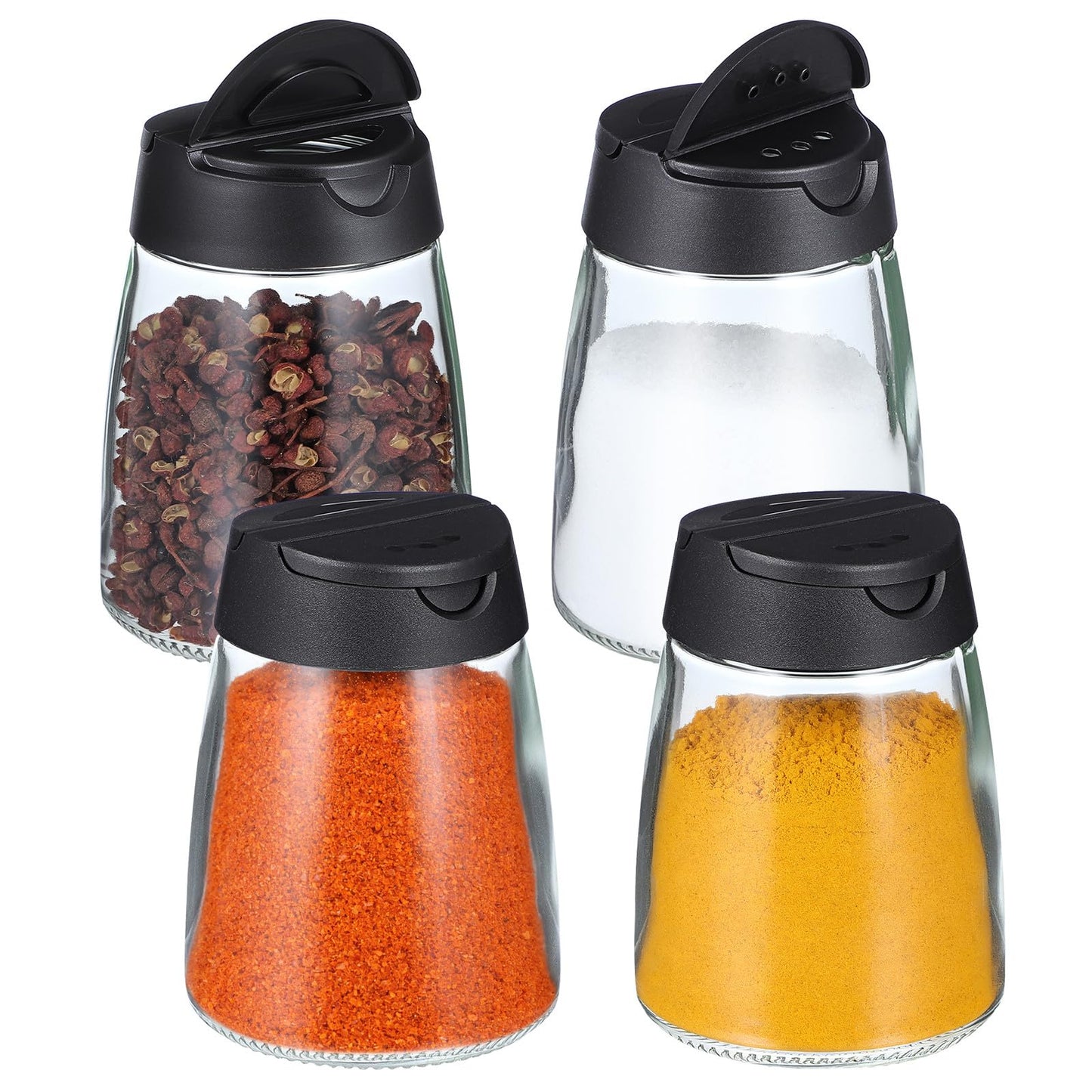 Sewroro 4Pcs Glass Seasoning Jar Set with Double Screw-on Lids Salt Pepper Shakers Condiment Containers for Kitchen Cooking and Outdoor Bbq 2.55X2.55X3.34In