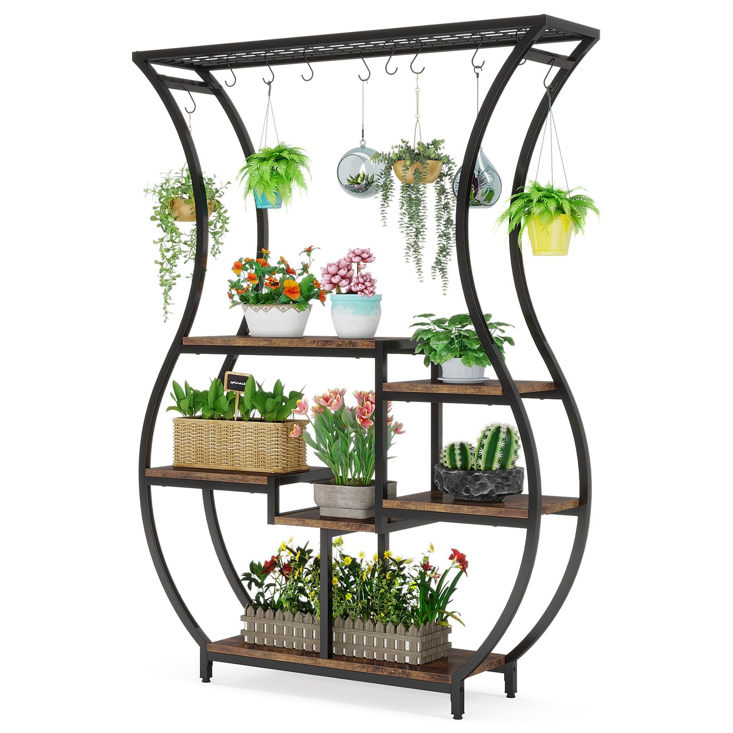 Tribesigns 6-Tier Plant Stand, 70.9 Inch Tall Plant Shelf with 10 Hanging Hooks, Vase Shape Ladder Plant Stand, Multi-Purpose Plant Display Rack for Indoor, Balcony, Living Room, Brown and Black