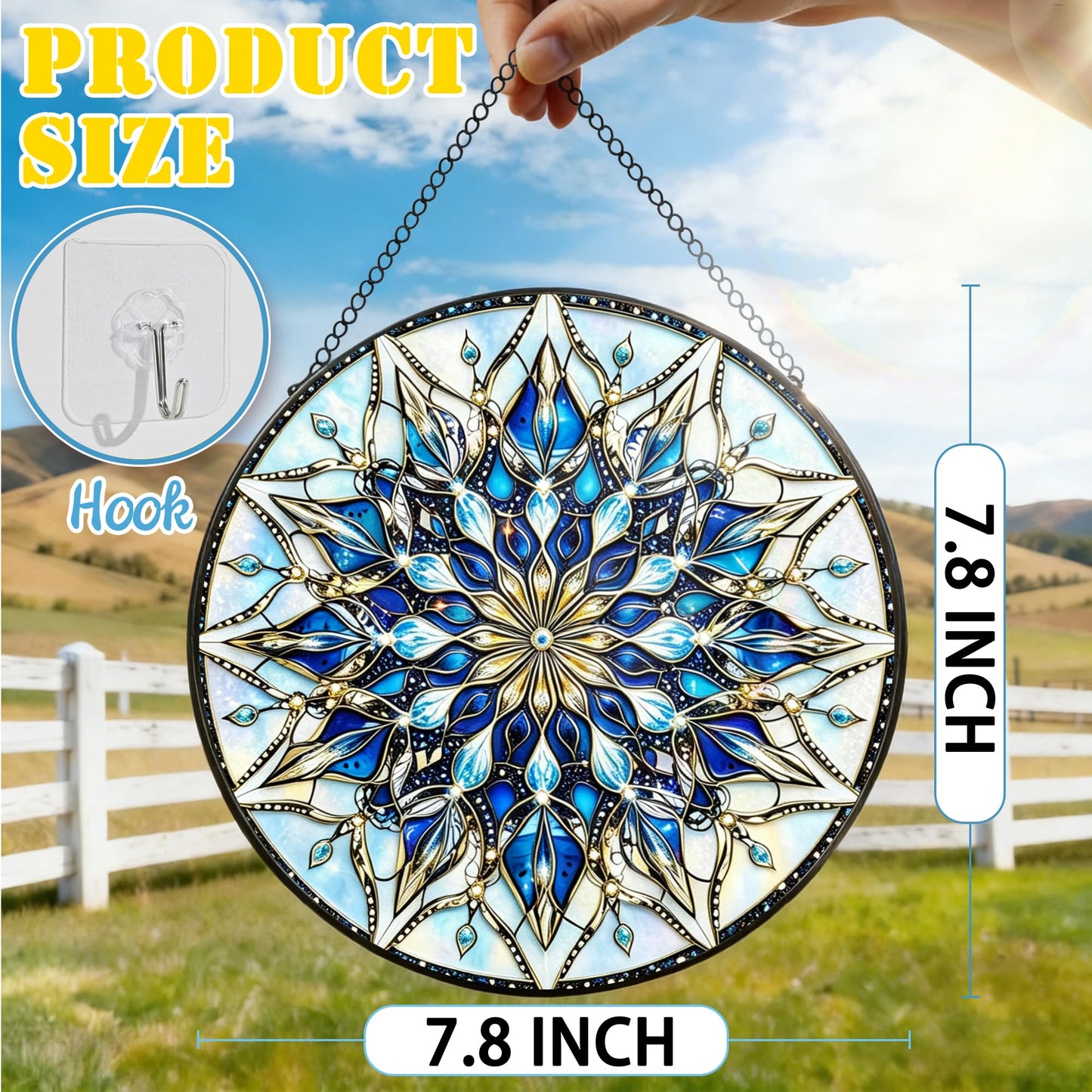 Stained Glass Window Hanging, 7.8 Inch Mandala Snowflake Christmas Suncatcher, Holiday Window Hanging Decor, Stained Glass Ornaments for Windows, Doors & Home Decor, Gifts for Christmas