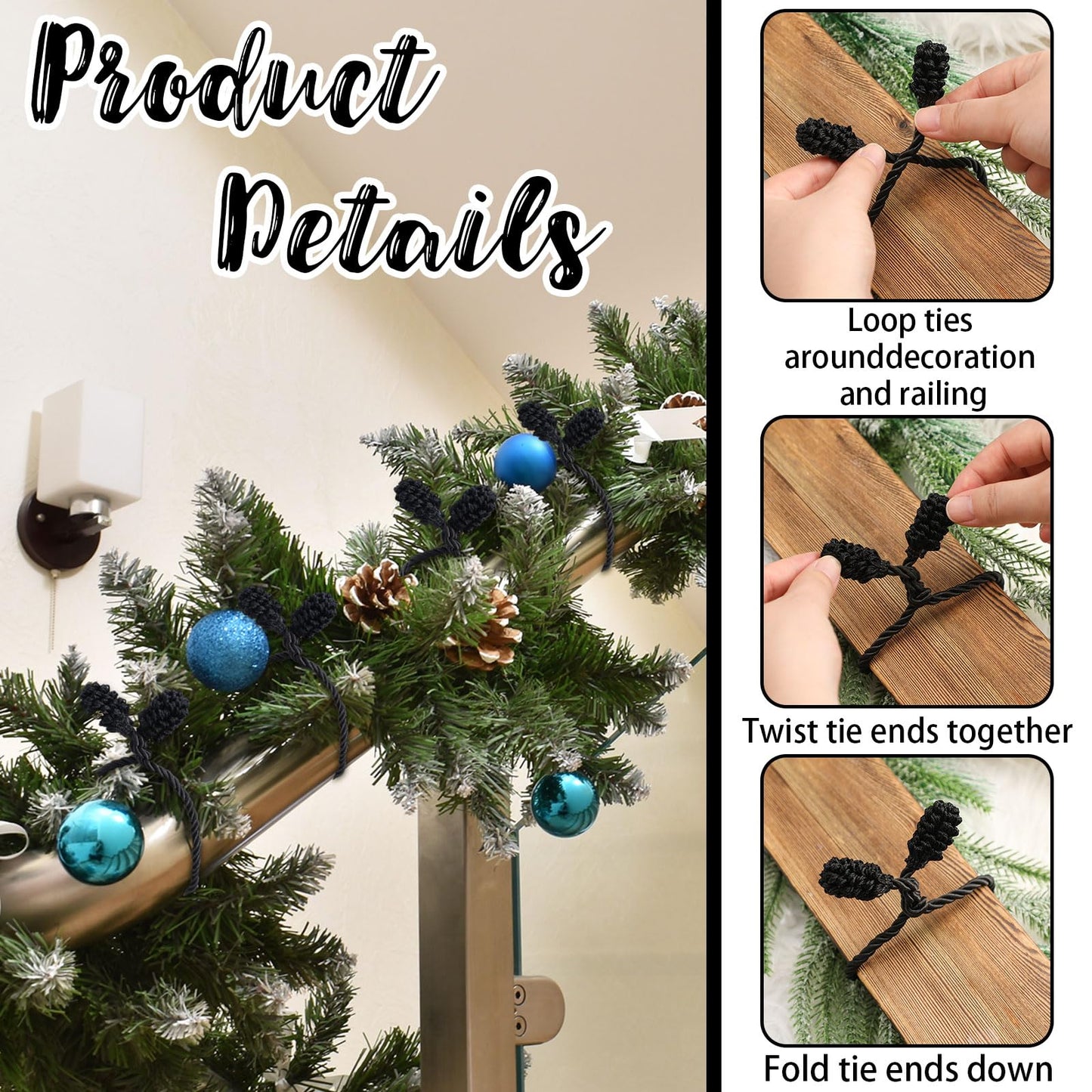 Shappy 12 Pieces Christmas in July Garland Ties for Banister Christmas Decorative Reusable Flexible Twist Ties for Garland Staircase Summer Home Decoration Holiday Craft Wrapping (Black)