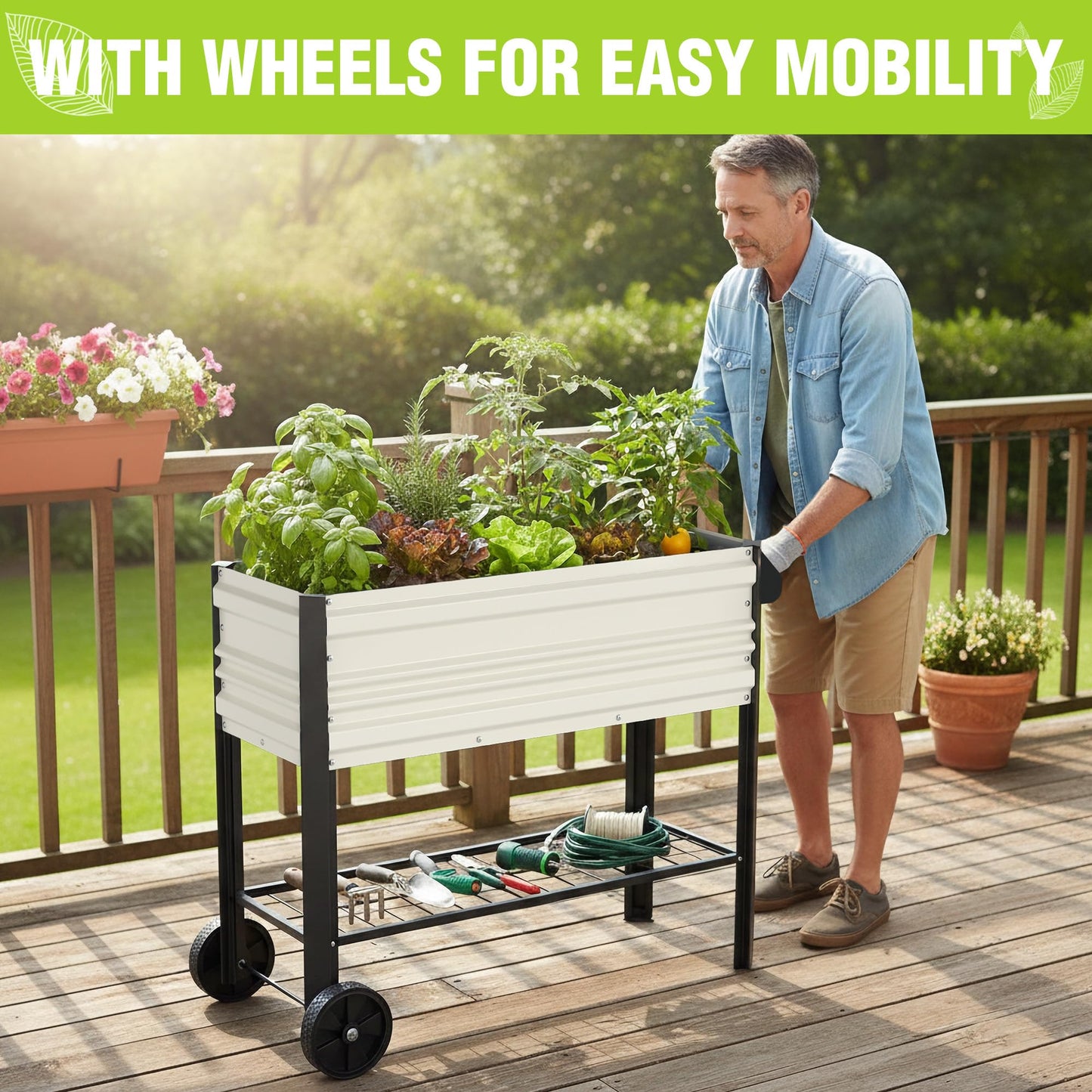 WORKPRO Galvanized Raised Garden Bed with Legs & Wheels, 37x14.6x31.6in, 400LB Capacity Elevated Planter Box for Garden, Backyard, Patio & Deck, White