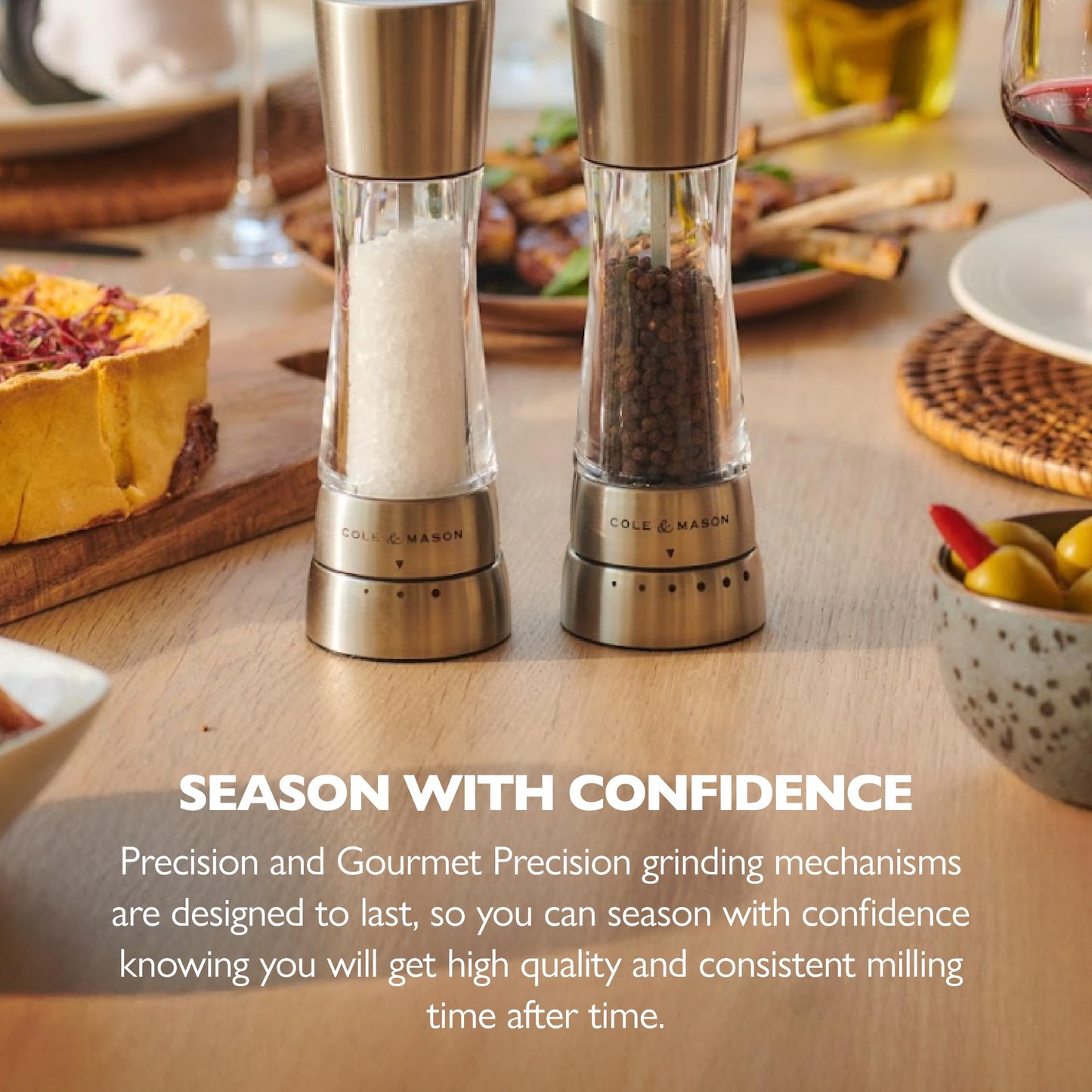 Cole & Mason Derwent Salt & Pepper Grinder Set with Tray - Salt & Pepper Grinder Set with Adjustable Grind Settings - Easily Refillable Spice Mills for Enhanced Taste - Stainless Steel