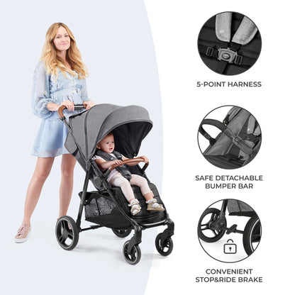 Kinderkraft GRANDE PLUS Stroller pushchair for toddlers from Birth to 22 kg, Extra-large hood, Lie-flat position, Folding with one hand, Shock absorption on all wheels, Gray