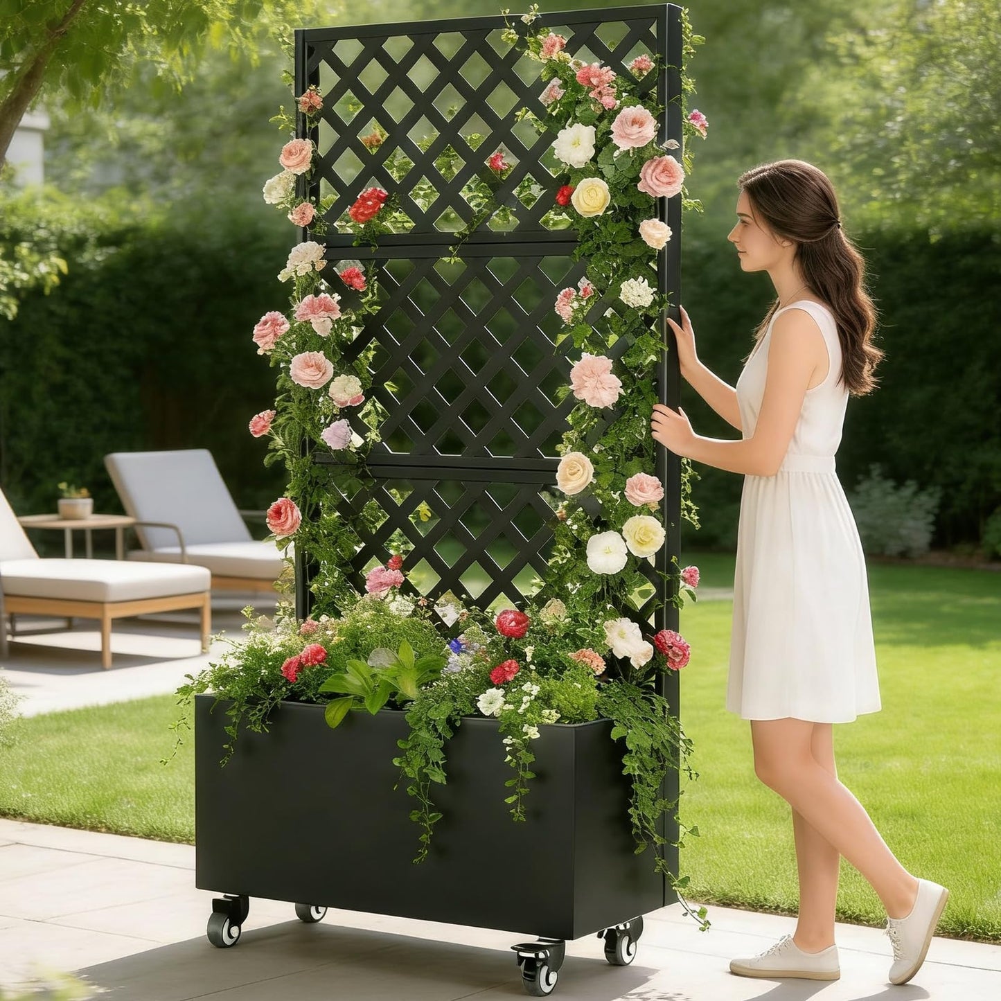 blusoke Metal Planter Box with Trellis and Wheels,Raised Garden Bed with Trellis,72" Tall Privacy Screen with Planter Box and Drainage Holes,Plant Trellis for Climbing Plants Outdoor,Vegetables,Vines