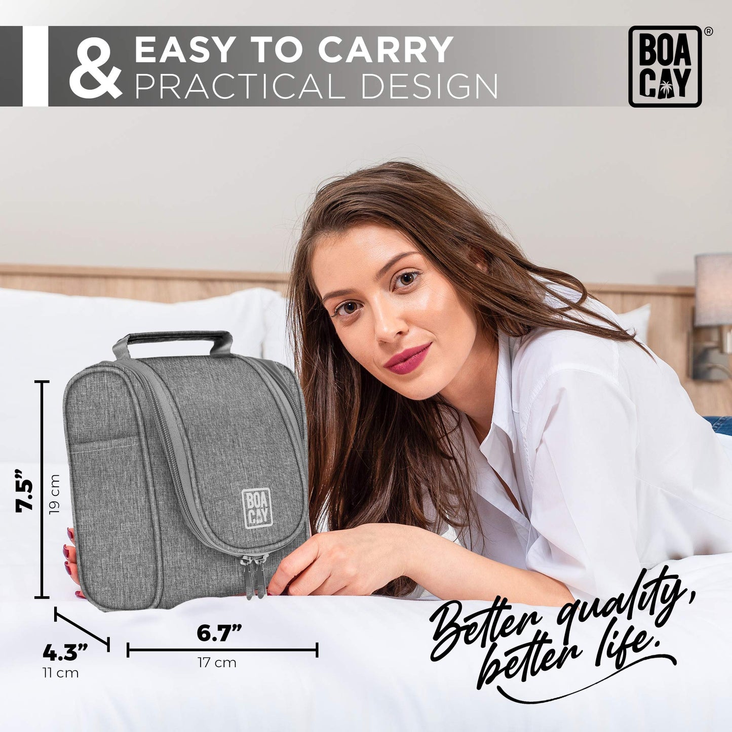BOACAY Small Hanging Travel Toiletry Bag for Women & Men, Makeup Bag, Shower & Wash Bag, Organiser Kit for Cosmetics, Essentials, Travel Accessories (S) Quartz Gray