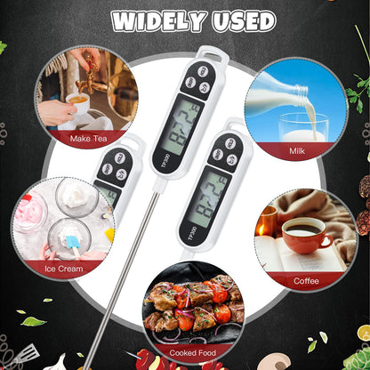 6 Pcs Instant Read Meat Thermometer with Long Probe 9.65 Inch Kitchen Cooking Food Candy Waterproof Digital Thermometer for BBQ Water Milk Yogurt Liquid (Round&Square Ring,Black,White,Red)