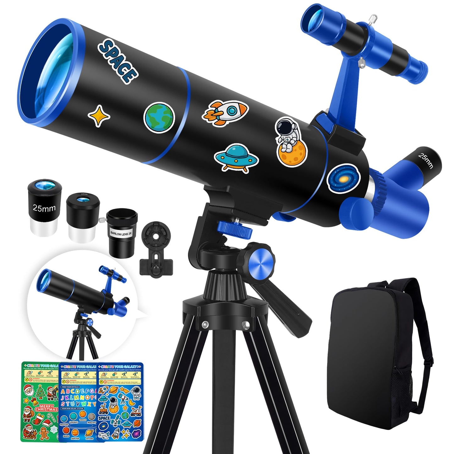 Hawkko Telescope for Adults & Kids Beginners, 80mm Aperture 500mm Telescopes for Adults Astronomy, (20X-150X) Portable Refractor Telescope Kit with Decorate Stickers, Backpack, Phone Adapter-BlackBlue