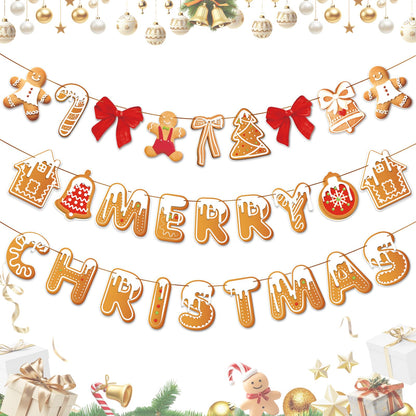 Merry Christmas Banner Gingerbread Christmas Hanging Decoration 3PCS Gingerbread Theme Garland Banner for Holiday Home Office Fireplace Wall Decor Outdoor Indoor Xmas Party Banner