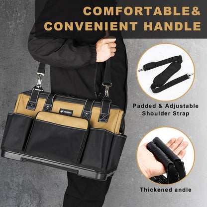 VSHXENG 17 IN Large Tool Bag For Men Heavy Duty, Drill Bag Tool Bag Organizer, Wide Mouth Waterproof Hard Bottom Multiple Pockets Tool Tote, Tool Caddy, Maintenance