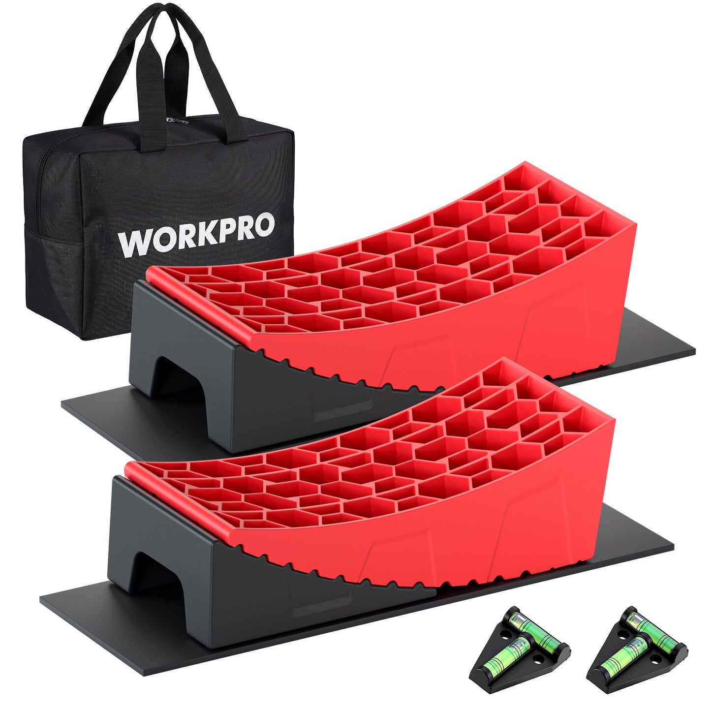 WORKPRO RV Leveling Blocks Kit 9-Piece,Camper & Trailer Leveling System, Heavy Duty RV Levelers with Anti-Slip Mats, Bubble Levels & Carry Bag
