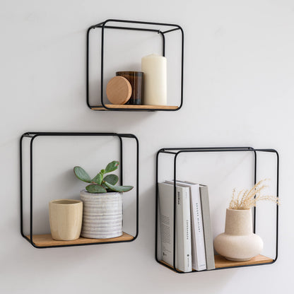 Kazai. Wall Shelves -Jona- | 3-Part Shelving Unit made of Metal and Real Wood Veneer | Wall Decor, Storage and Book Shelf for Bathroom, Living Room, Kitchen, Bedroom and More | Oak