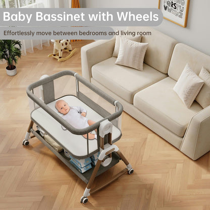 WinkleStar Baby Bassinet Bedside Sleeper with Mattress, 6-Level Height Adjustable Co Sleeper Bassinet, Rocking Baby Crib with Mosquito Net, 360° Wheels & Storage Basket – Premium Linen & Metal Frame