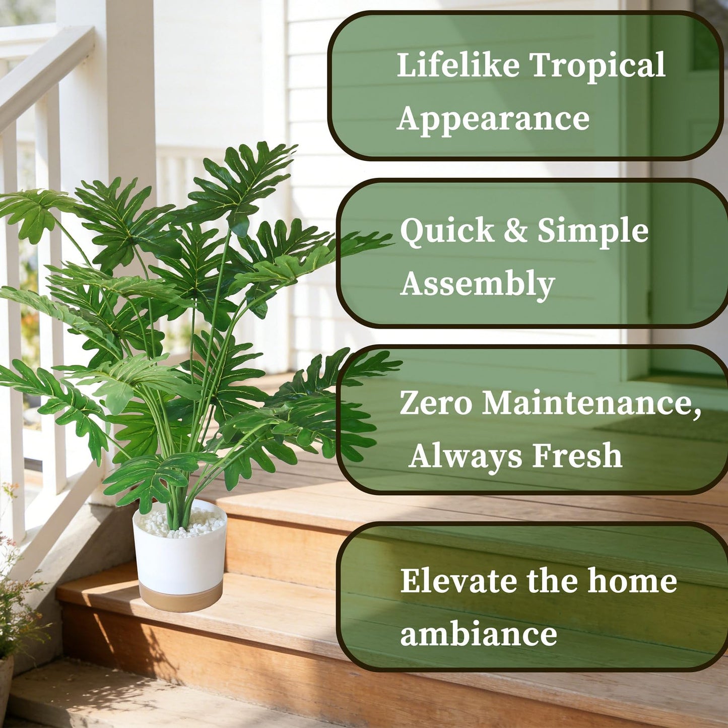 YXYQR Realistic 24" Potted Artificial Philodendron Selloum Plants – Fake Tall Tropical Plants with Pot for Indoor Outdoor Home Living Room Office Desk Shelf Decor