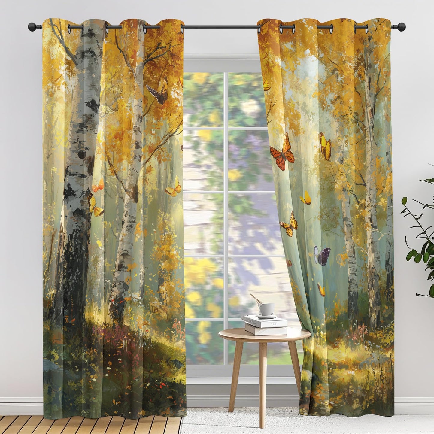 Fall Forest Curtains for Bedroom Living Room, Birch Tree Blackout Curtains 63 Inches Long, Autumn Landscape Drapes, Thermal Insulated Room Darkening Grommet Window Treatments 2 Panels