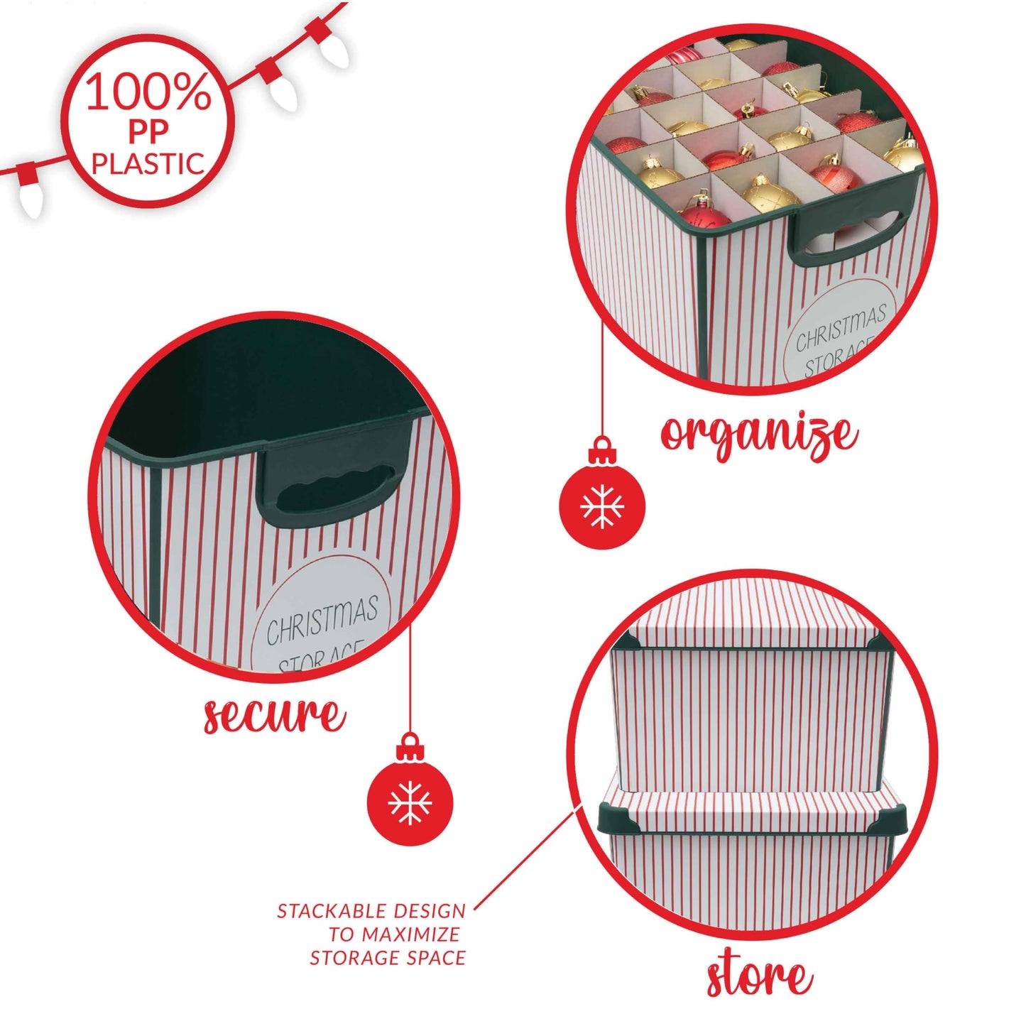 Simplify Christmas Stripe Design Holiday Tote Bin Ornament Storage | Holds 60 Ornaments | Removeable Lid | Easy Carry Handles | Christmas Storage | Green