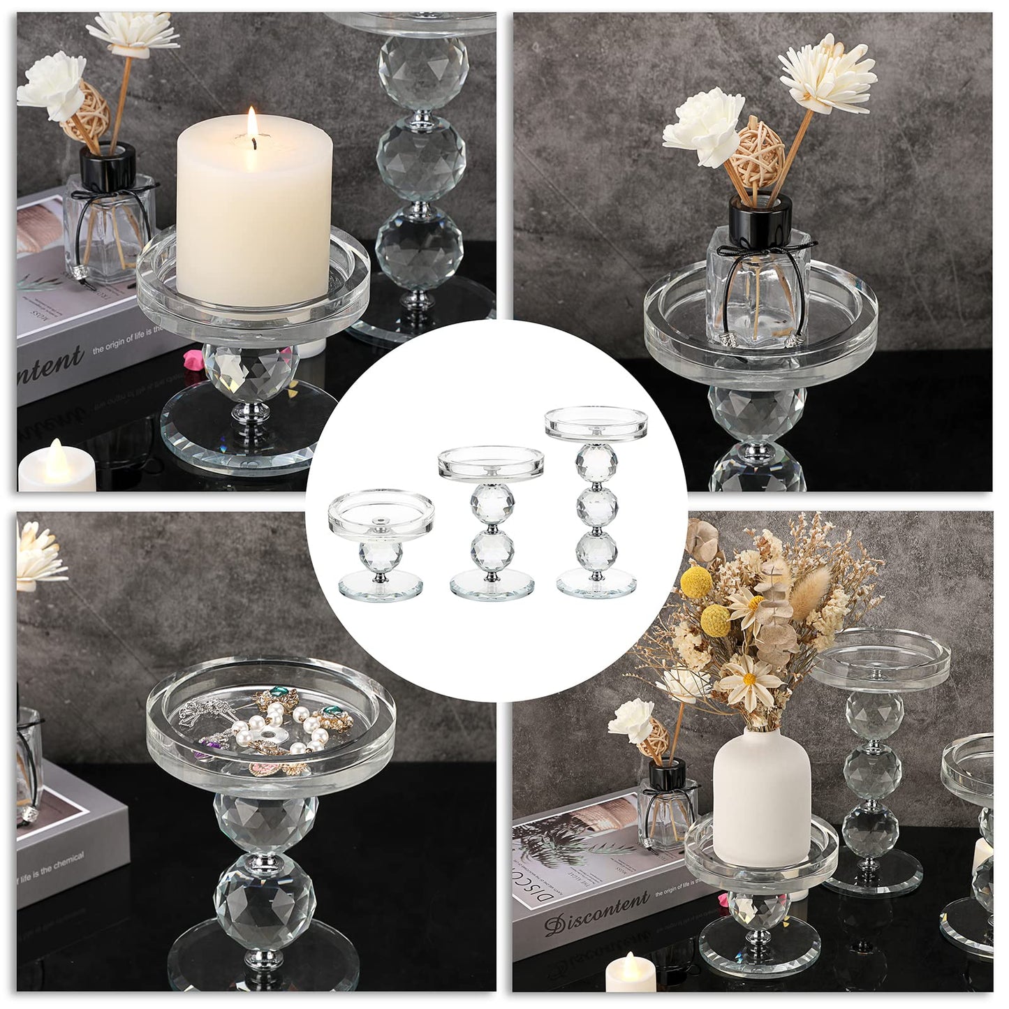 OwnMy Set of 3 Crystal Glass Pillar Candlestick Holders Clear Pillar Candle Holders Sets, Tealight Votive Candle Stands Modern Candle Centerpiece for Living Room Wedding Decor