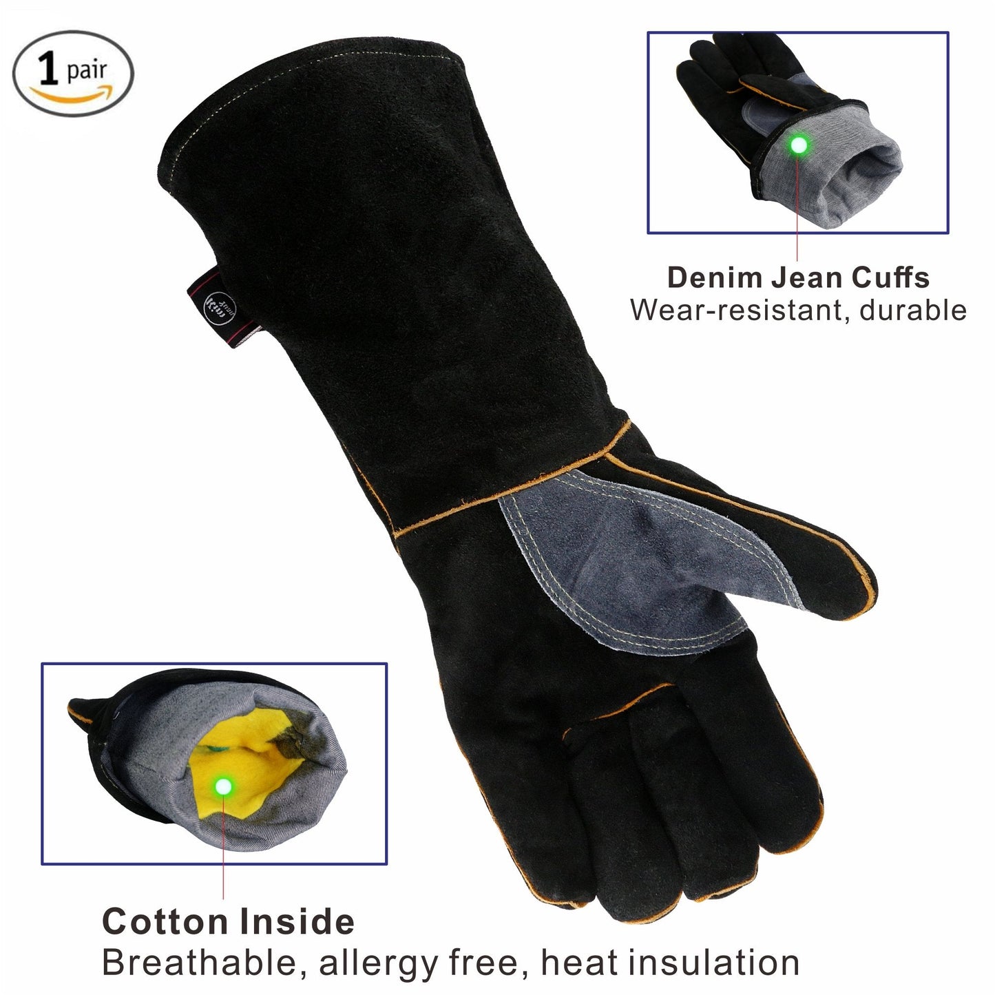 Kim Yuan Extreme Heat & Fire Resistant Gloves Leather with Kevlar Stitching,Perfect for Fireplace, Stove, Oven, Grill, Welding, BBQ, Mig, Pot Holder, Animal Handling, Black-Grey 16in/40cm 1 Pair