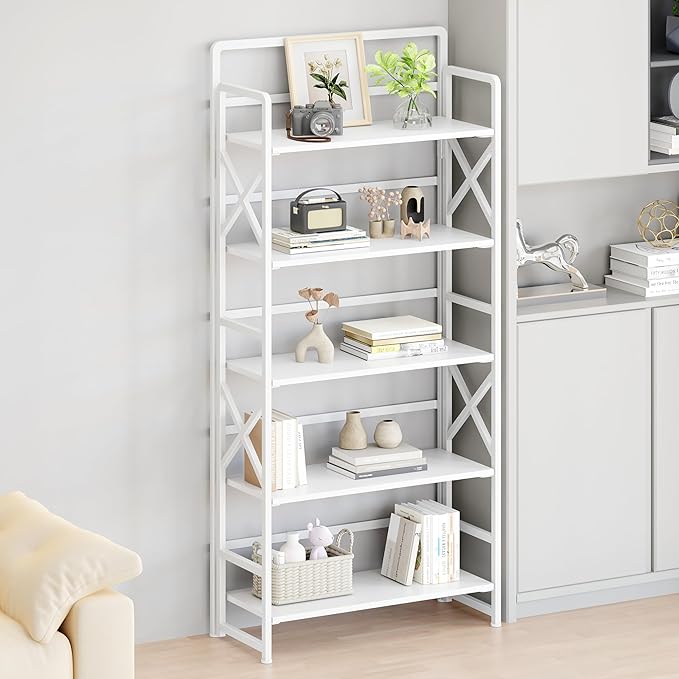 No Assembly Folding Bookshelf, 5 Tiers Vintage Wood Collapsible Book Shelf